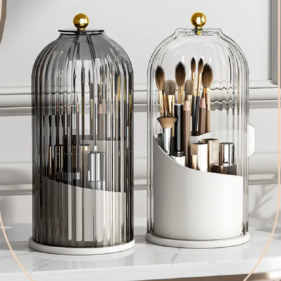 360 Rotating Make up Brush Holder Organizer with Lid, Clear Dustproof Cosmetics Make up Organizer for Vanity Bathroom Countertop