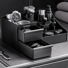 Men Bedroom Table Cosmetic Skin Care Storage Rack Cosmetic Storage Box Organizer Black Makeup Storage Box with Drawer Divided